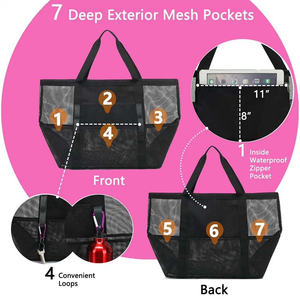 Mesh Beach Bag Waterproof Sandproof - Large Tote Pool Bag for Women Vacation Essentials Beach Accessories