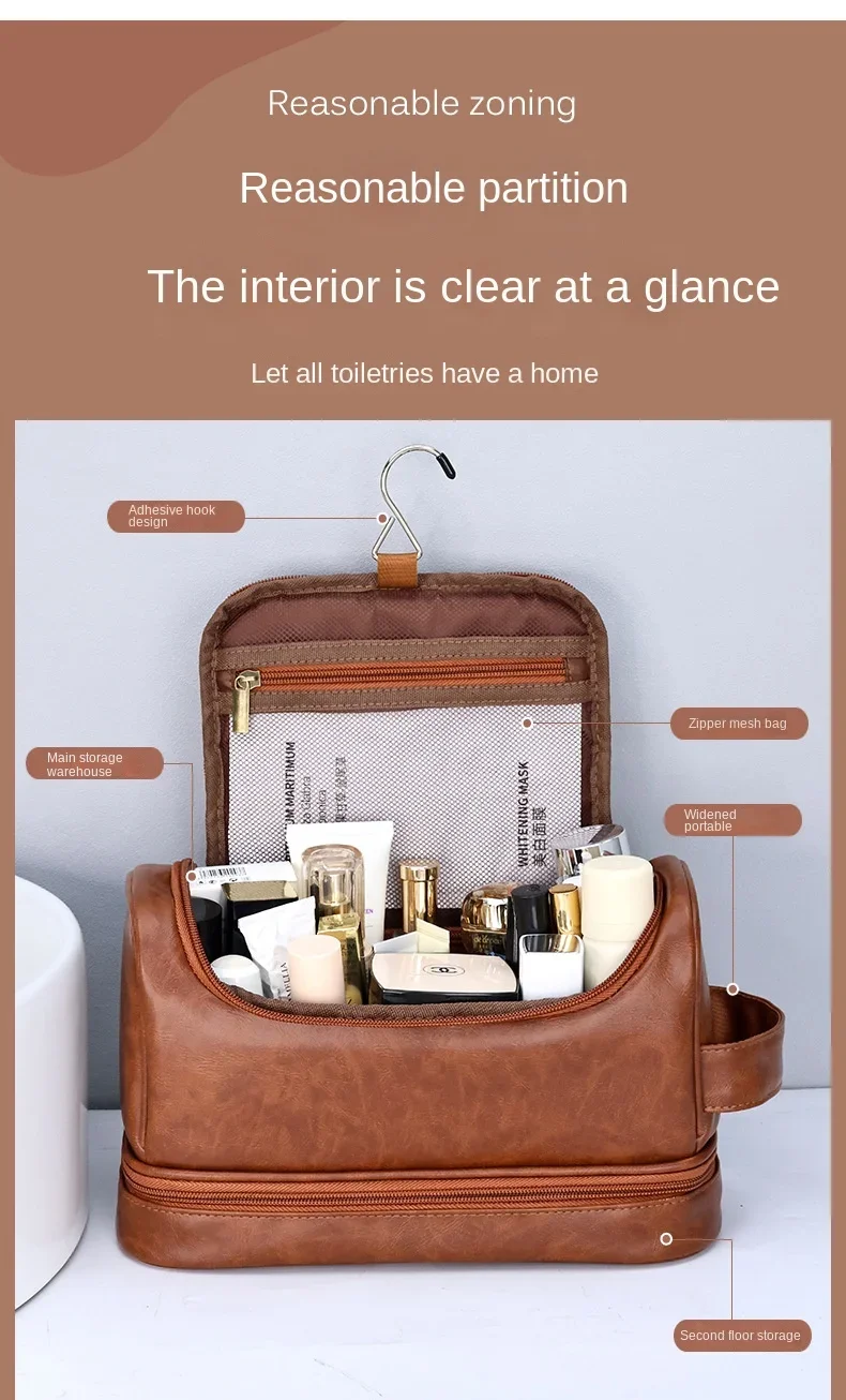 2026 New Hanging Makeup Bag Large Capacity PU Leather Wash Bag Double Layered Men's Cosmetic Bag Travel Essentials Organizer