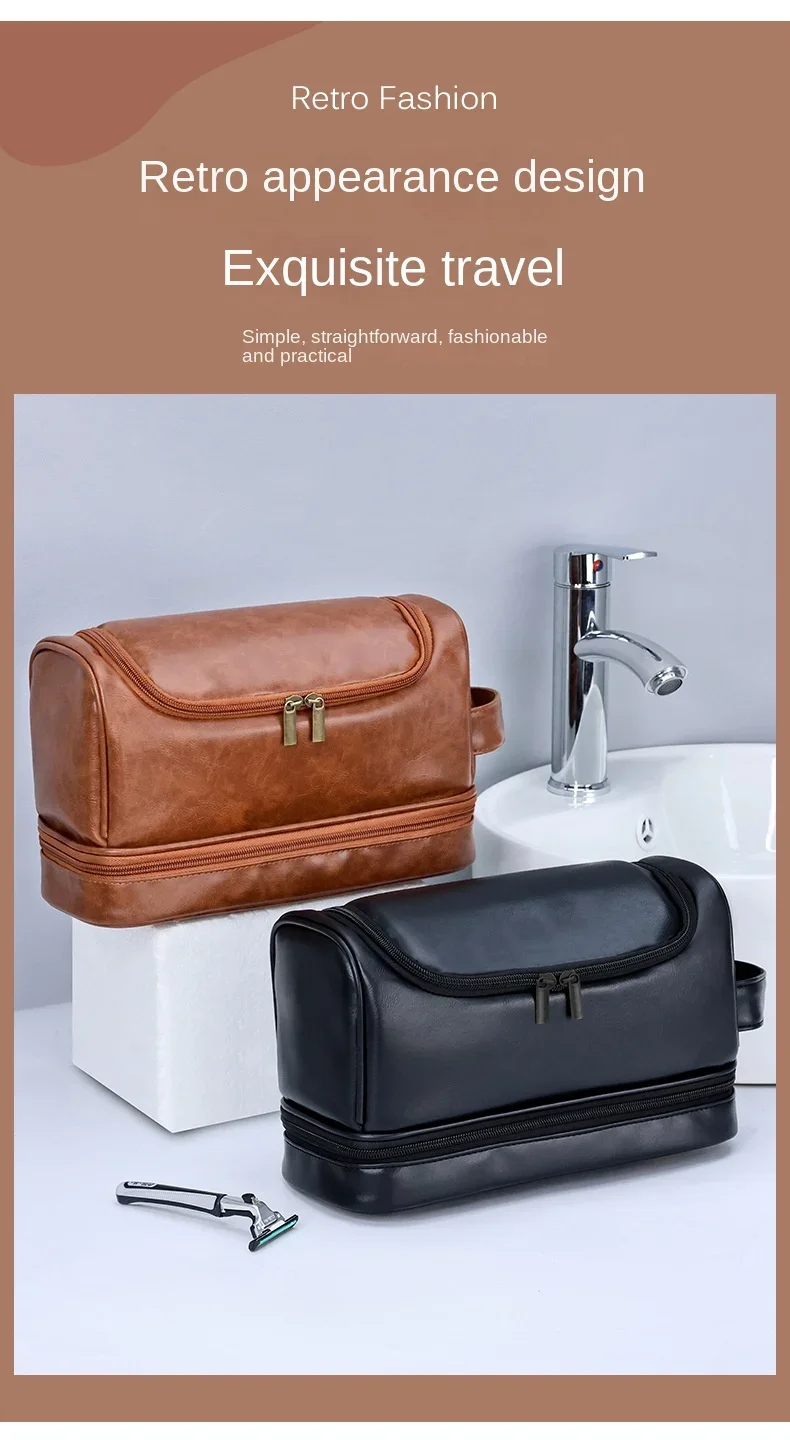 2026 New Hanging Makeup Bag Large Capacity PU Leather Wash Bag Double Layered Men's Cosmetic Bag Travel Essentials Organizer
