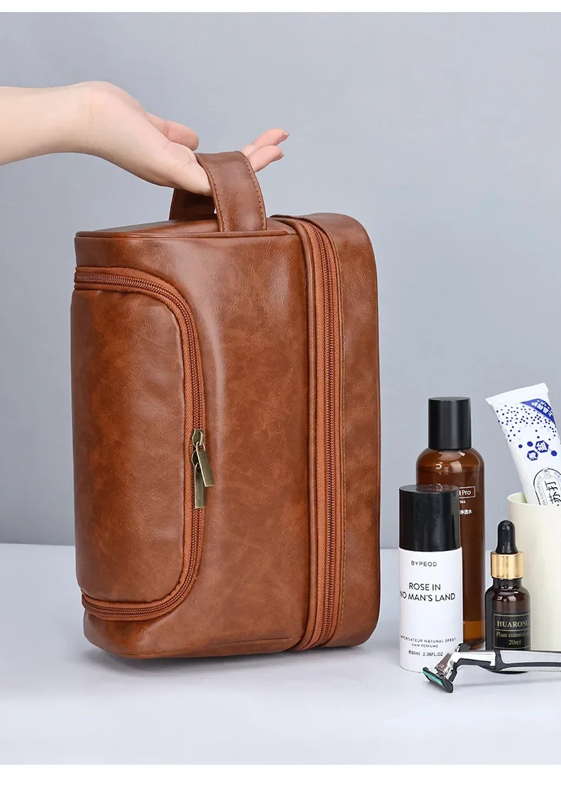 2026 New Hanging Makeup Bag Large Capacity PU Leather Wash Bag Double Layered Men's Cosmetic Bag Travel Essentials Organizer