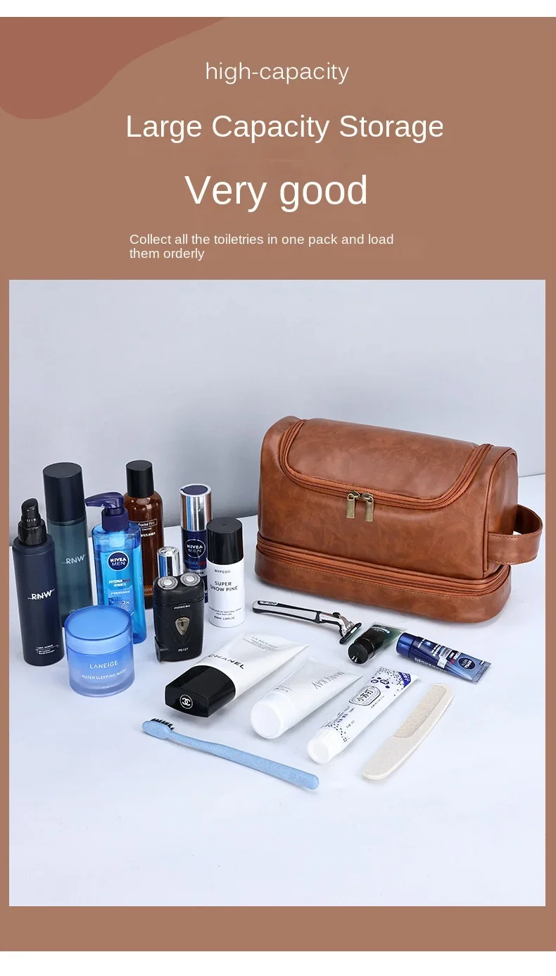 2026 New Hanging Makeup Bag Large Capacity PU Leather Wash Bag Double Layered Men's Cosmetic Bag Travel Essentials Organizer