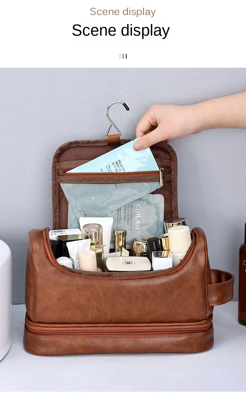 2026 New Hanging Makeup Bag Large Capacity PU Leather Wash Bag Double Layered Men's Cosmetic Bag Travel Essentials Organizer