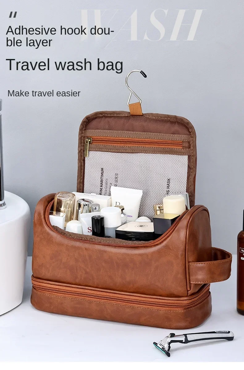 2026 New Hanging Makeup Bag Large Capacity PU Leather Wash Bag Double Layered Men's Cosmetic Bag Travel Essentials Organizer