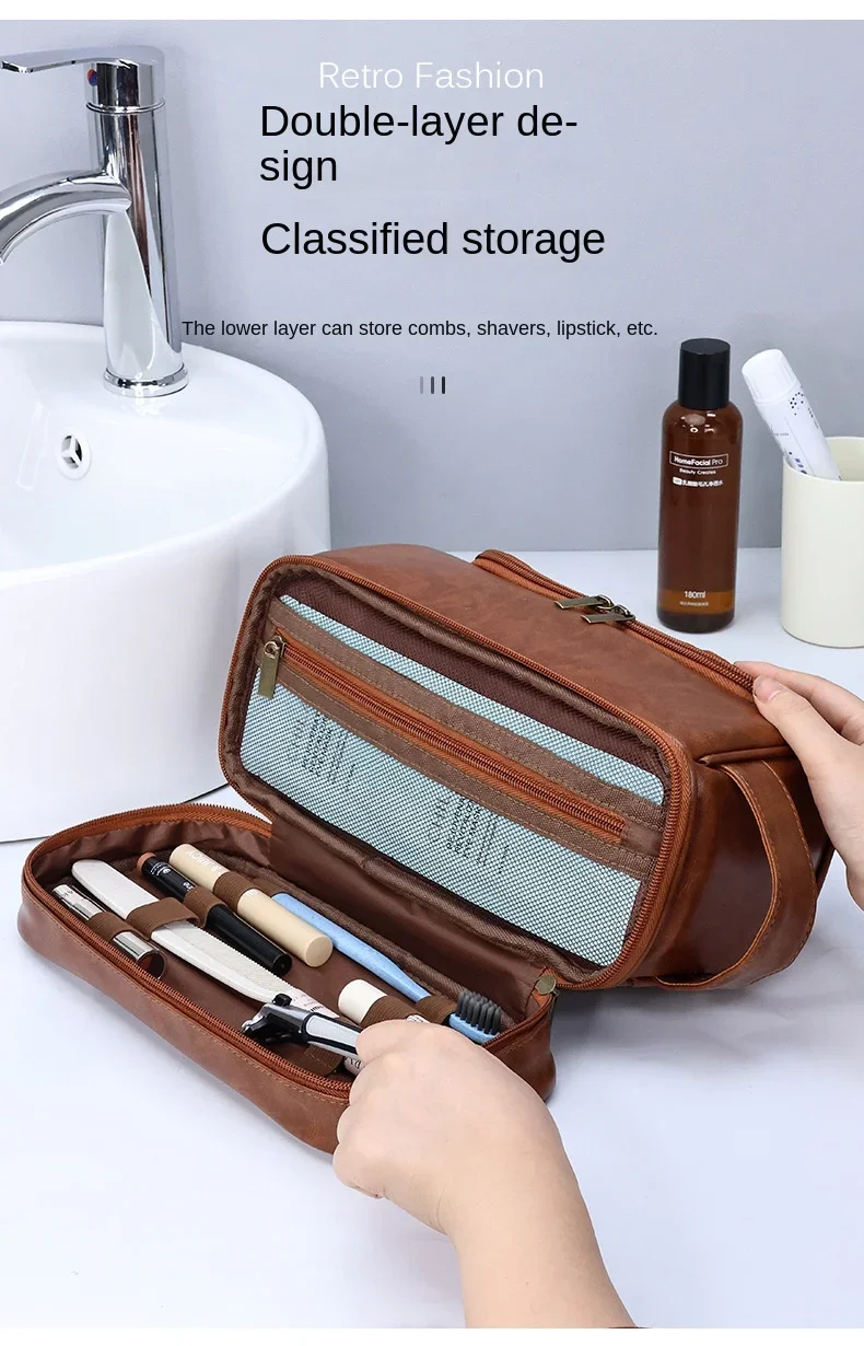 2026 New Hanging Makeup Bag Large Capacity PU Leather Wash Bag Double Layered Men's Cosmetic Bag Travel Essentials Organizer