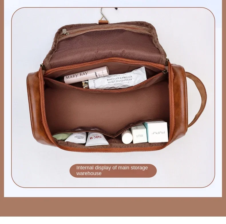 2026 New Hanging Makeup Bag Large Capacity PU Leather Wash Bag Double Layered Men's Cosmetic Bag Travel Essentials Organizer