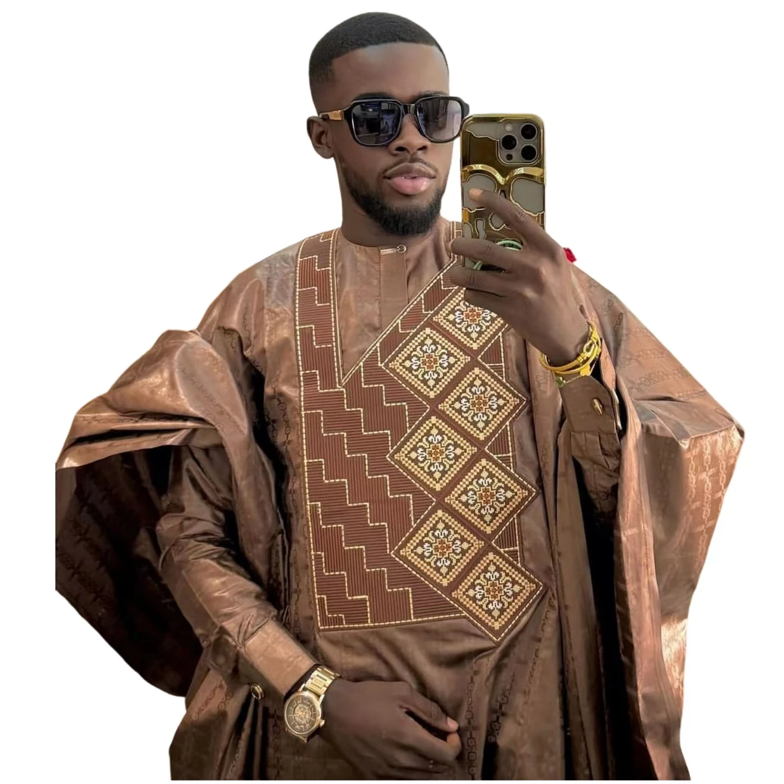 African Clothing For Men Traditional Bazin Riche Embroidery Design Top Long Sleeve 3 Piece Set