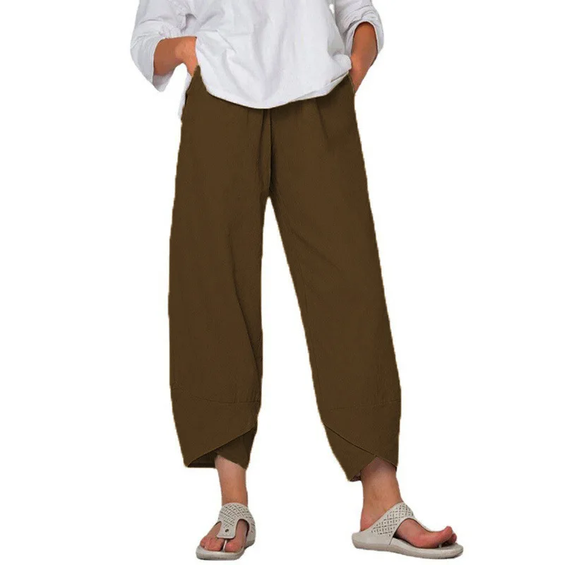 2024 Spring/Summer New Women's Cotton Hemp Wide Leg Pants Solid Size Large Waist Loose Casual Cropped Pants for Women