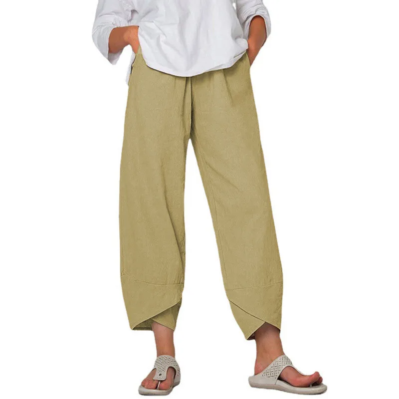 2024 Spring/Summer New Women's Cotton Hemp Wide Leg Pants Solid Size Large Waist Loose Casual Cropped Pants for Women