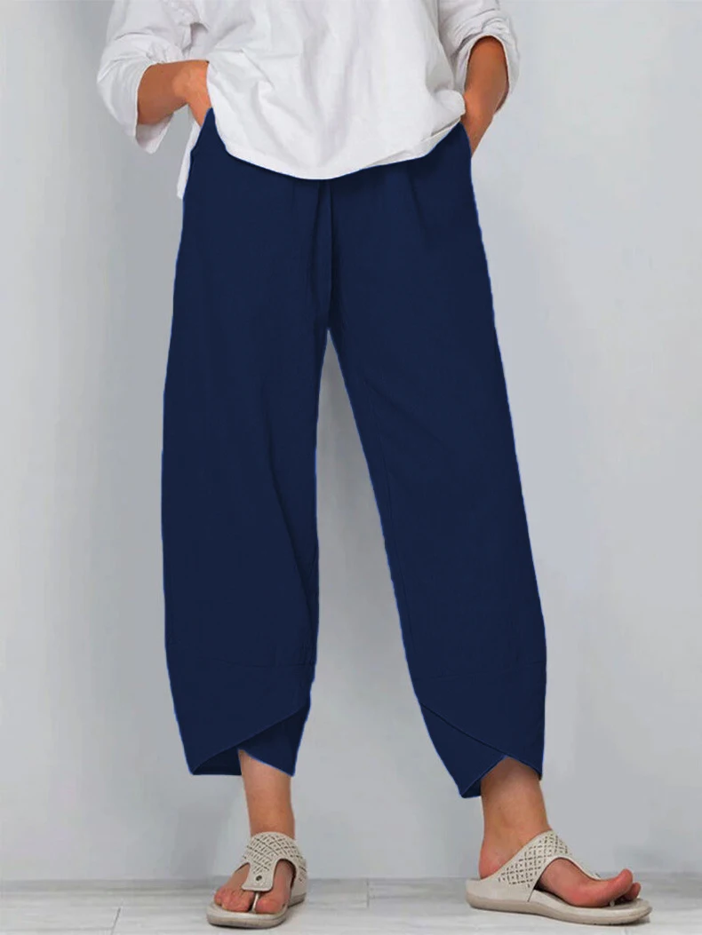 2024 Spring/Summer New Women's Cotton Hemp Wide Leg Pants Solid Size Large Waist Loose Casual Cropped Pants for Women