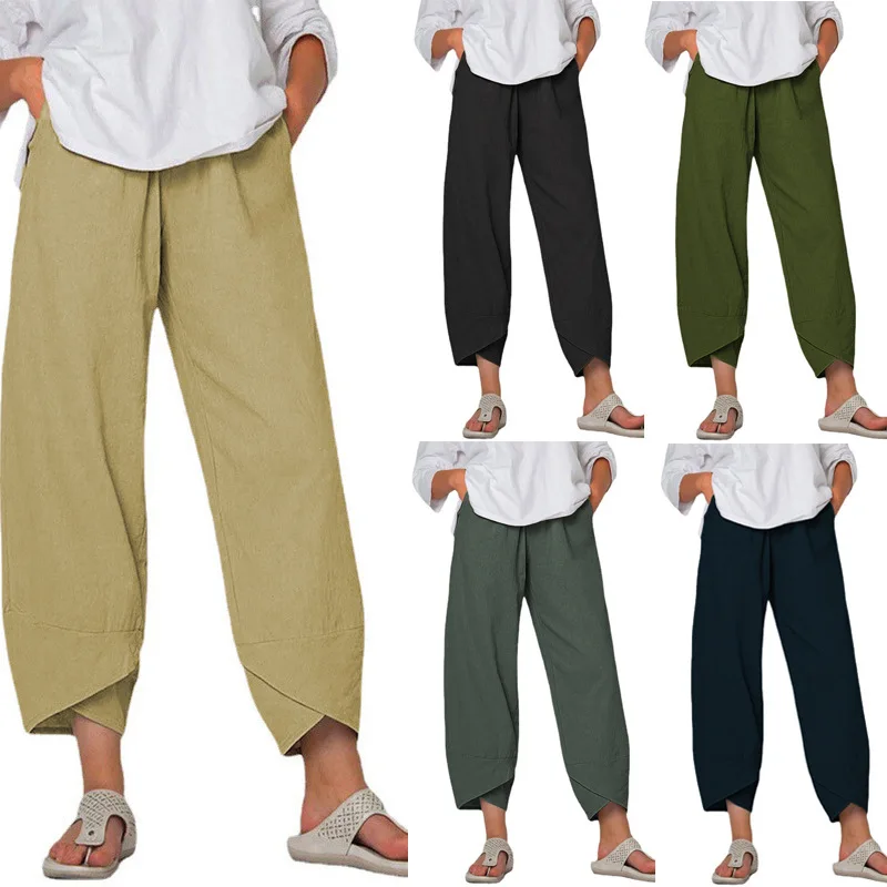 2024 Spring/Summer New Women's Cotton Hemp Wide Leg Pants Solid Size Large Waist Loose Casual Cropped Pants for Women