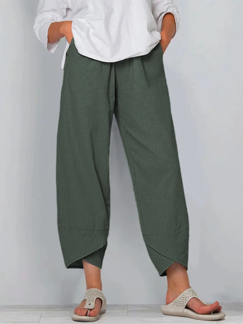 2024 Spring/Summer New Women's Cotton Hemp Wide Leg Pants Solid Size Large Waist Loose Casual Cropped Pants for Women