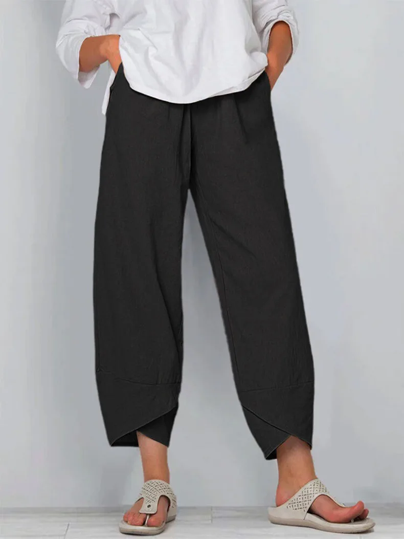 2024 Spring/Summer New Women's Cotton Hemp Wide Leg Pants Solid Size Large Waist Loose Casual Cropped Pants for Women