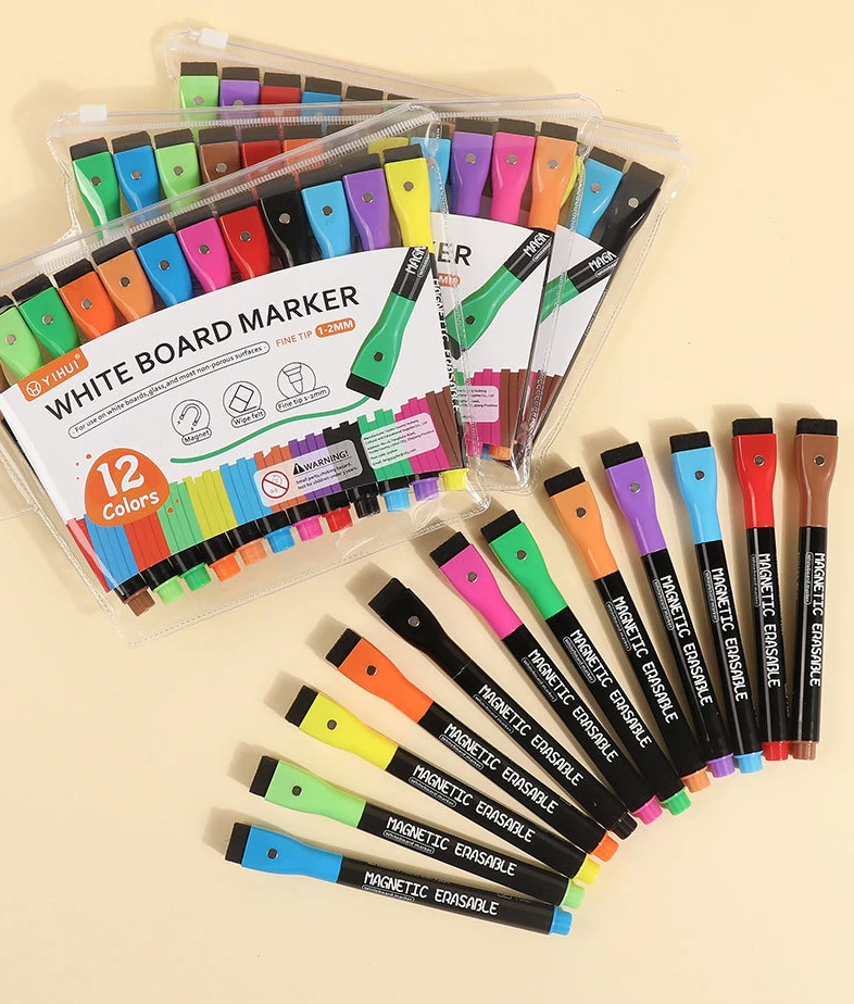12Pcs/set 2024 Colorful School Classroom Supplies Magnetic Erasable Whiteboard Pens Marker Dry Eraser Pages Children's Drawing