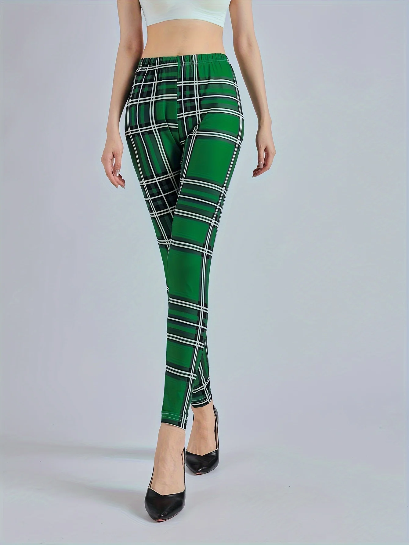 Women's Green Checkered Printed Leggings High Waisted And High Elastic Leggings Casual Pencil Pants Tight Pants