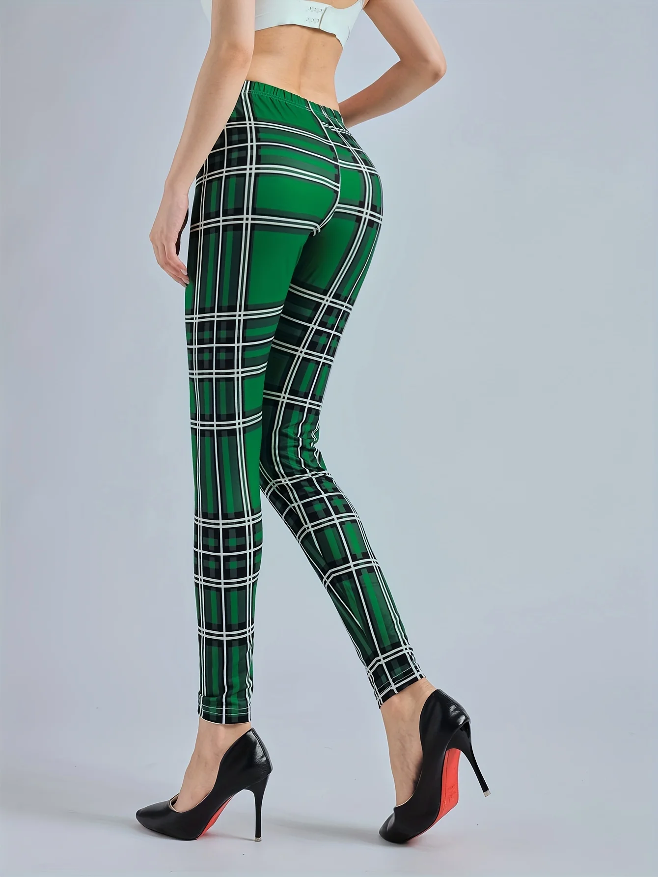 Women's Green Checkered Printed Leggings High Waisted And High Elastic Leggings Casual Pencil Pants Tight Pants