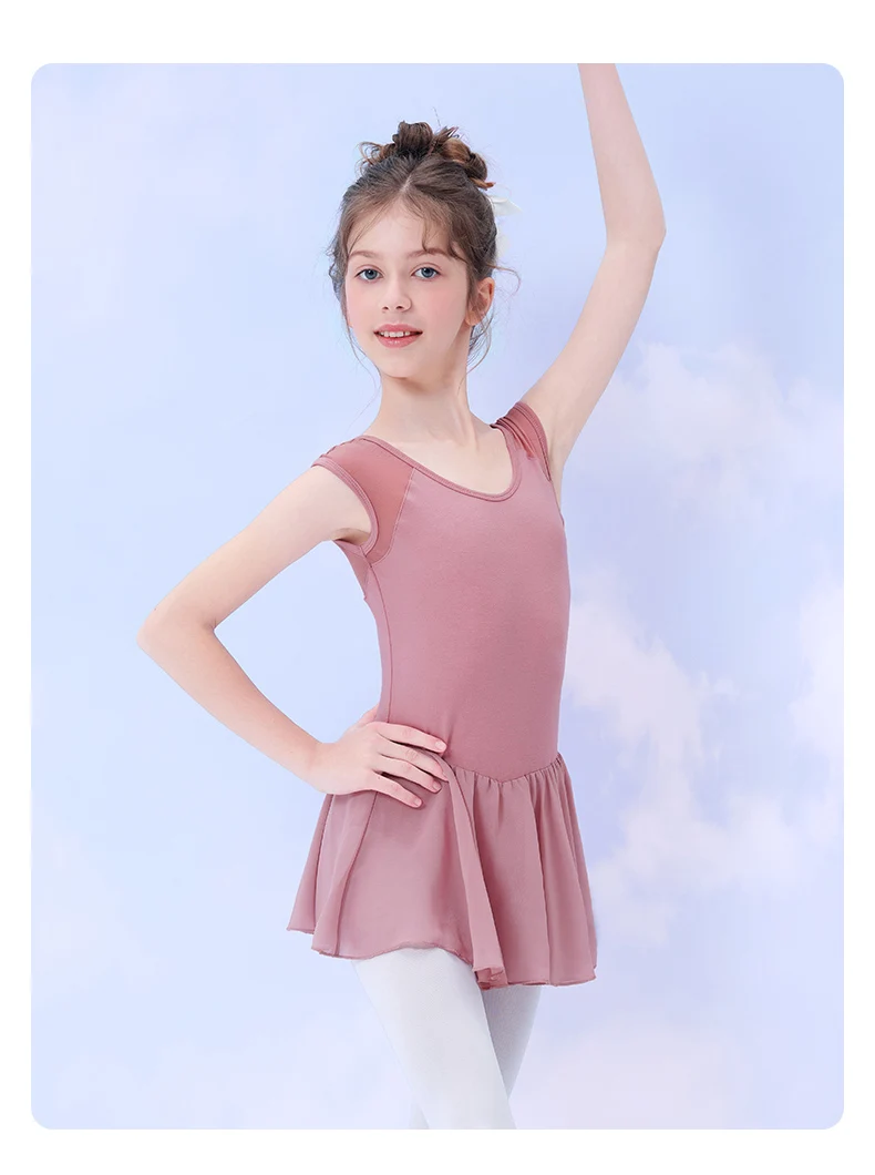 Girls Ballet Dress Sleeveless Dance Leotard Dress Cotton Splice Dance Dress for Girls Kids Ballet Leotard with Chiffon Skirt