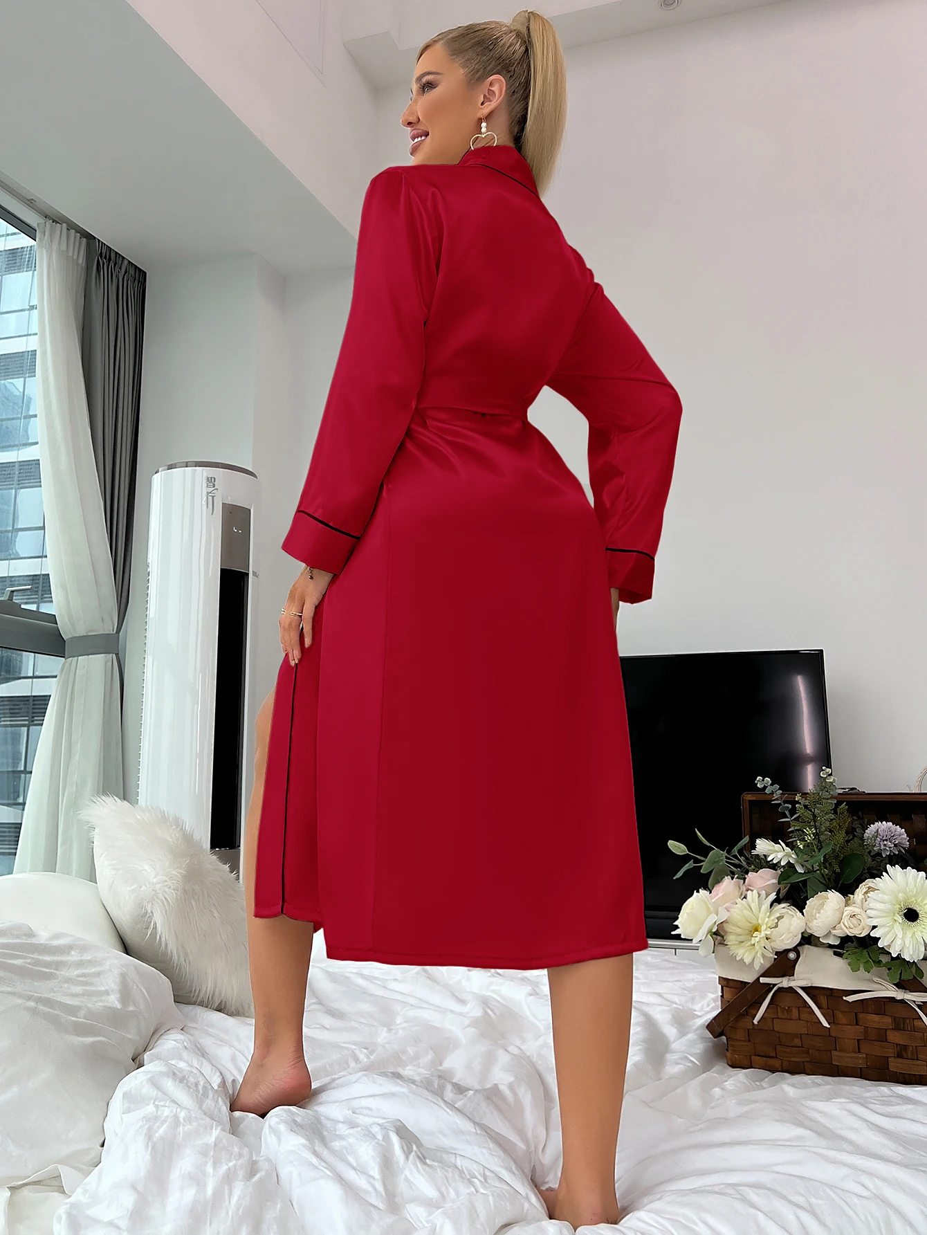 Long ice silk nightgown summer thin fashion simple home wear ladies sexy cardigan bathrobe
