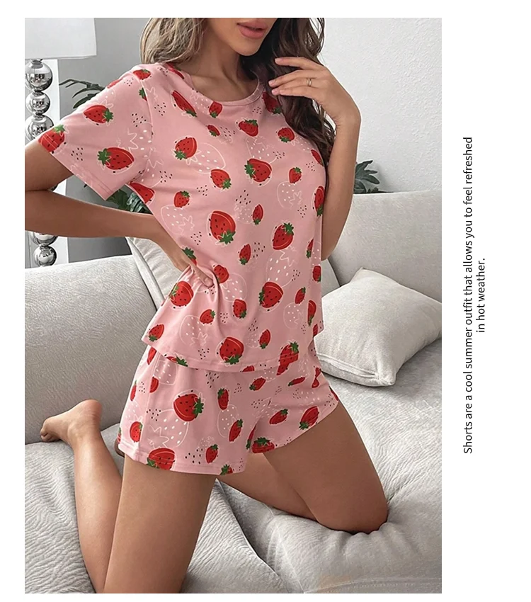 Pajamas Set for Women Breathable Cherry & Flower Print Sleepwear Comfy Camisole Top and Shorts Pyjama Home Loungewear for Ladies