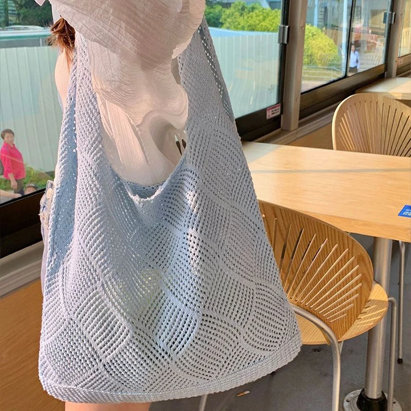 New Trend Women's Bag Crochet Handbag Retro Knitted Solid Color Hollow Top-handle Tote Bag Travel Shopper Shoulder Bag