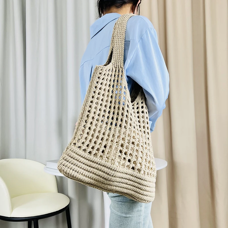 New Trend Women's Bag Crochet Handbag Retro Knitted Solid Color Hollow Top-handle Tote Bag Travel Shopper Shoulder Bag