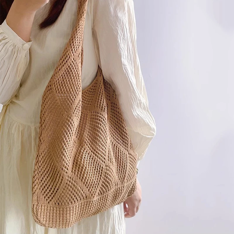 New Trend Women's Bag Crochet Handbag Retro Knitted Solid Color Hollow Top-handle Tote Bag Travel Shopper Shoulder Bag