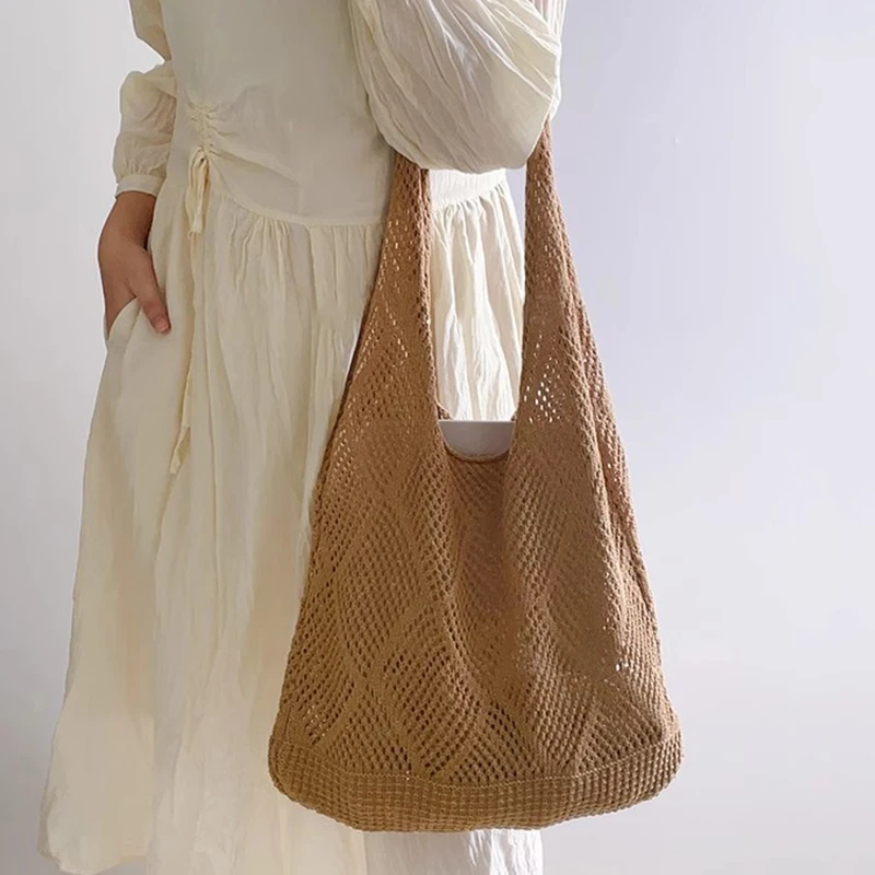 New Trend Women's Bag Crochet Handbag Retro Knitted Solid Color Hollow Top-handle Tote Bag Travel Shopper Shoulder Bag