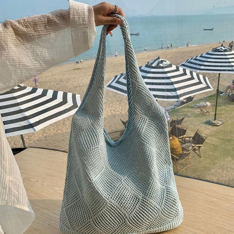 New Trend Women's Bag Crochet Handbag Retro Knitted Solid Color Hollow Top-handle Tote Bag Travel Shopper Shoulder Bag