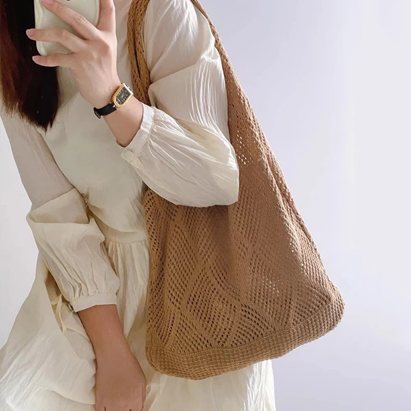 New Trend Women's Bag Crochet Handbag Retro Knitted Solid Color Hollow Top-handle Tote Bag Travel Shopper Shoulder Bag