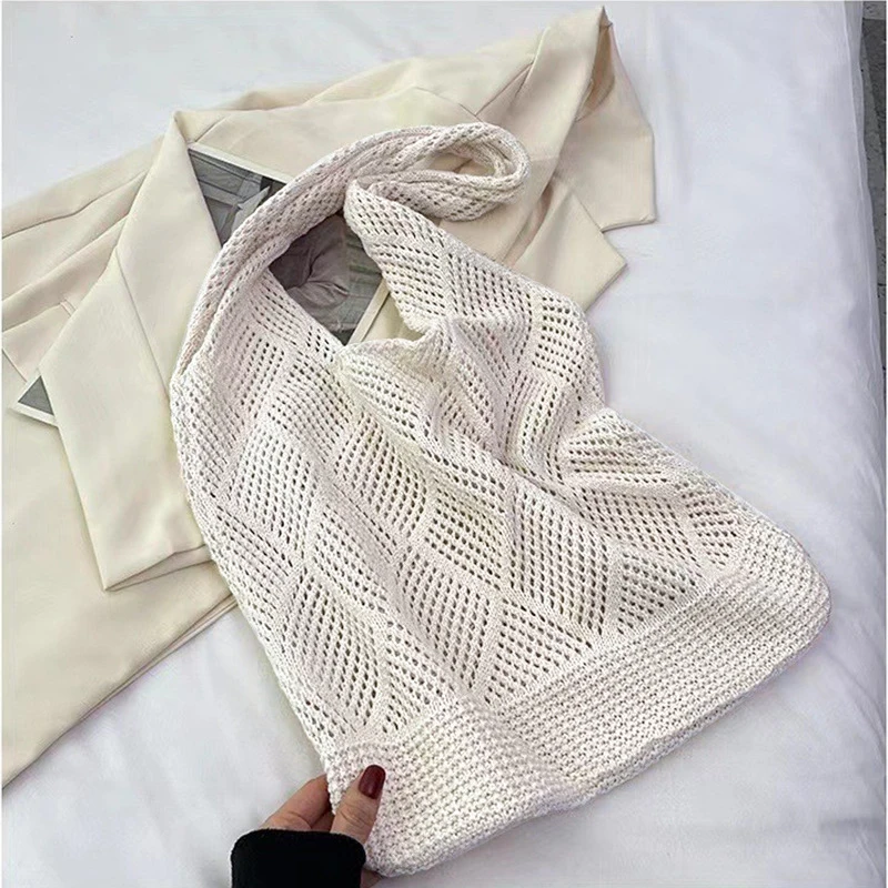New Trend Women's Bag Crochet Handbag Retro Knitted Solid Color Hollow Top-handle Tote Bag Travel Shopper Shoulder Bag
