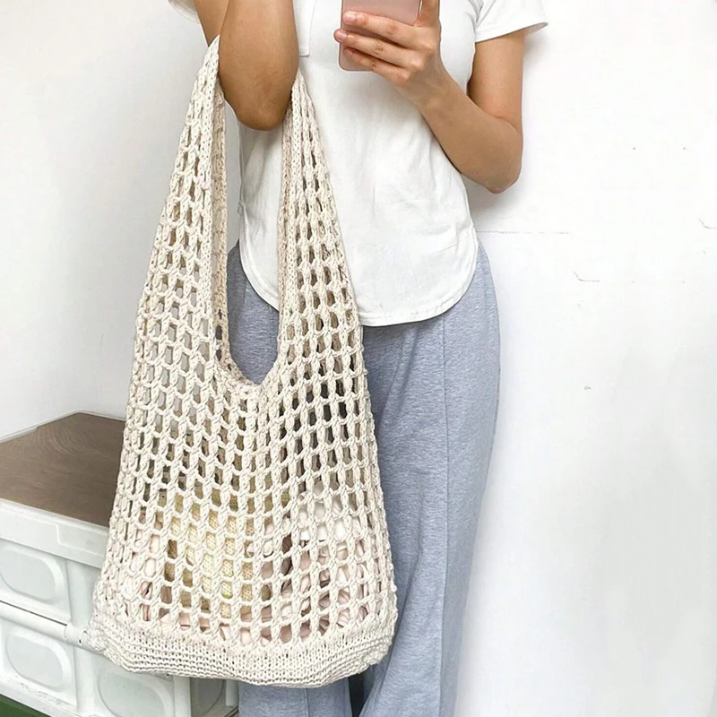 New Trend Women's Bag Crochet Handbag Retro Knitted Solid Color Hollow Top-handle Tote Bag Travel Shopper Shoulder Bag