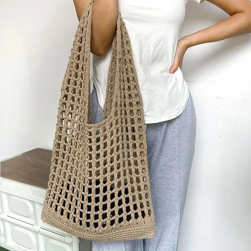 New Trend Women's Bag Crochet Handbag Retro Knitted Solid Color Hollow Top-handle Tote Bag Travel Shopper Shoulder Bag