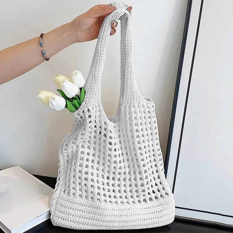 New Trend Women's Bag Crochet Handbag Retro Knitted Solid Color Hollow Top-handle Tote Bag Travel Shopper Shoulder Bag