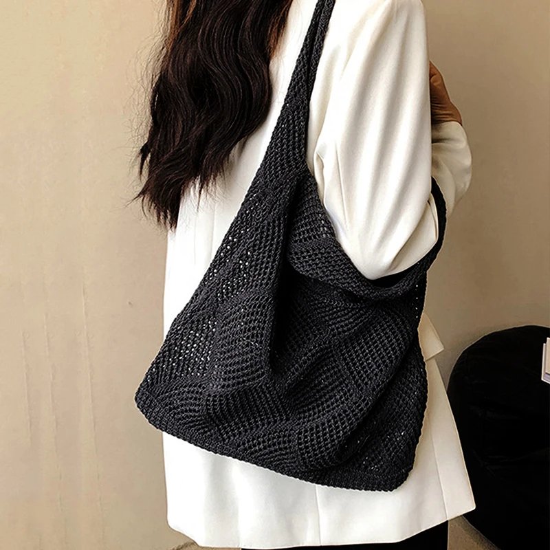New Trend Women's Bag Crochet Handbag Retro Knitted Solid Color Hollow Top-handle Tote Bag Travel Shopper Shoulder Bag