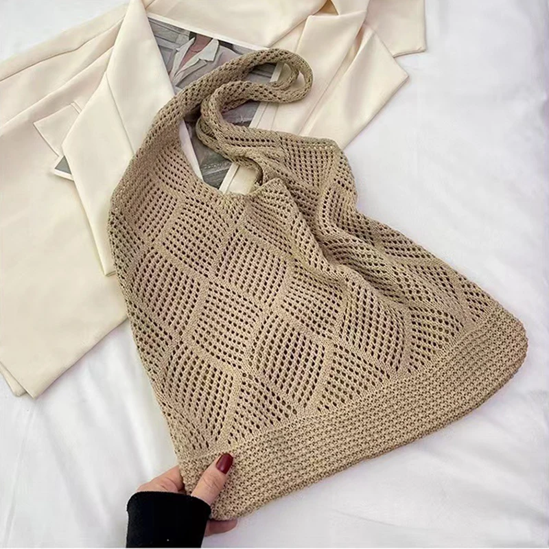 New Trend Women's Bag Crochet Handbag Retro Knitted Solid Color Hollow Top-handle Tote Bag Travel Shopper Shoulder Bag