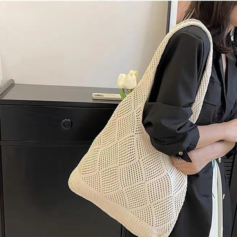 New Trend Women's Bag Crochet Handbag Retro Knitted Solid Color Hollow Top-handle Tote Bag Travel Shopper Shoulder Bag