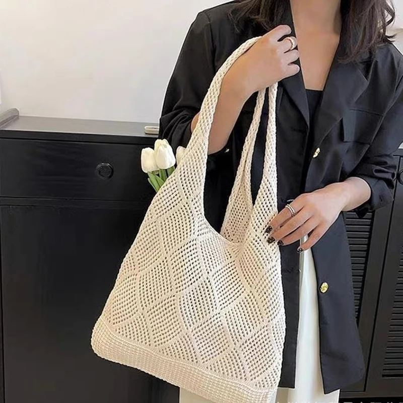 New Trend Women's Bag Crochet Handbag Retro Knitted Solid Color Hollow Top-handle Tote Bag Travel Shopper Shoulder Bag