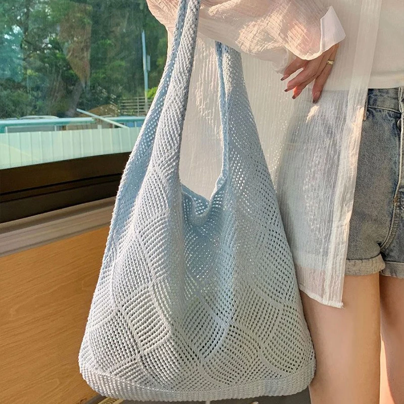 New Trend Women's Bag Crochet Handbag Retro Knitted Solid Color Hollow Top-handle Tote Bag Travel Shopper Shoulder Bag