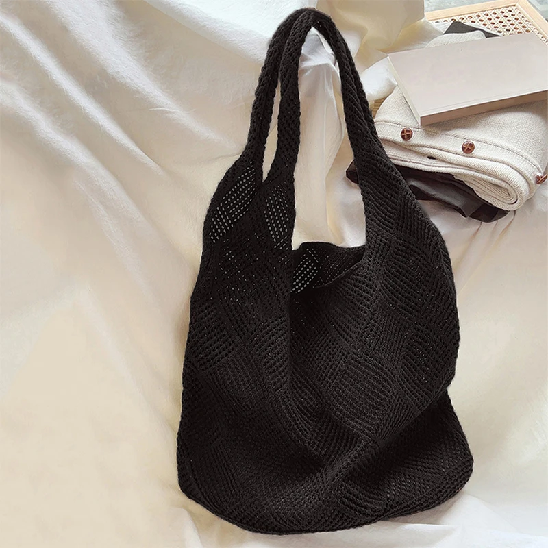 New Trend Women's Bag Crochet Handbag Retro Knitted Solid Color Hollow Top-handle Tote Bag Travel Shopper Shoulder Bag