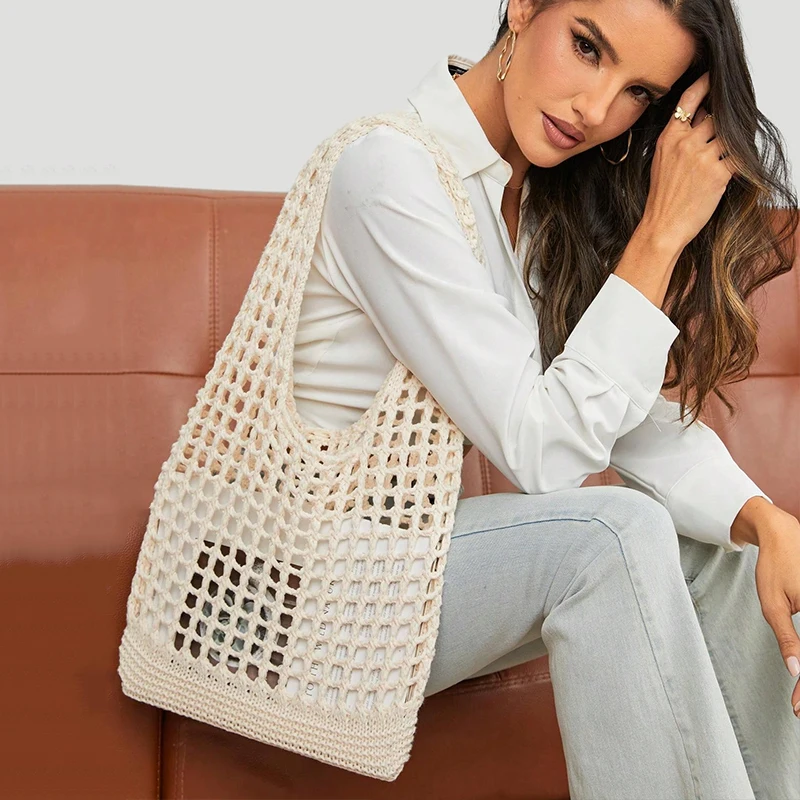 New Trend Women's Bag Crochet Handbag Retro Knitted Solid Color Hollow Top-handle Tote Bag Travel Shopper Shoulder Bag