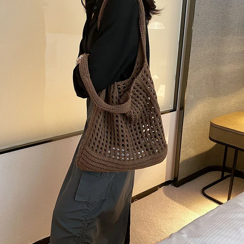 New Trend Women's Bag Crochet Handbag Retro Knitted Solid Color Hollow Top-handle Tote Bag Travel Shopper Shoulder Bag