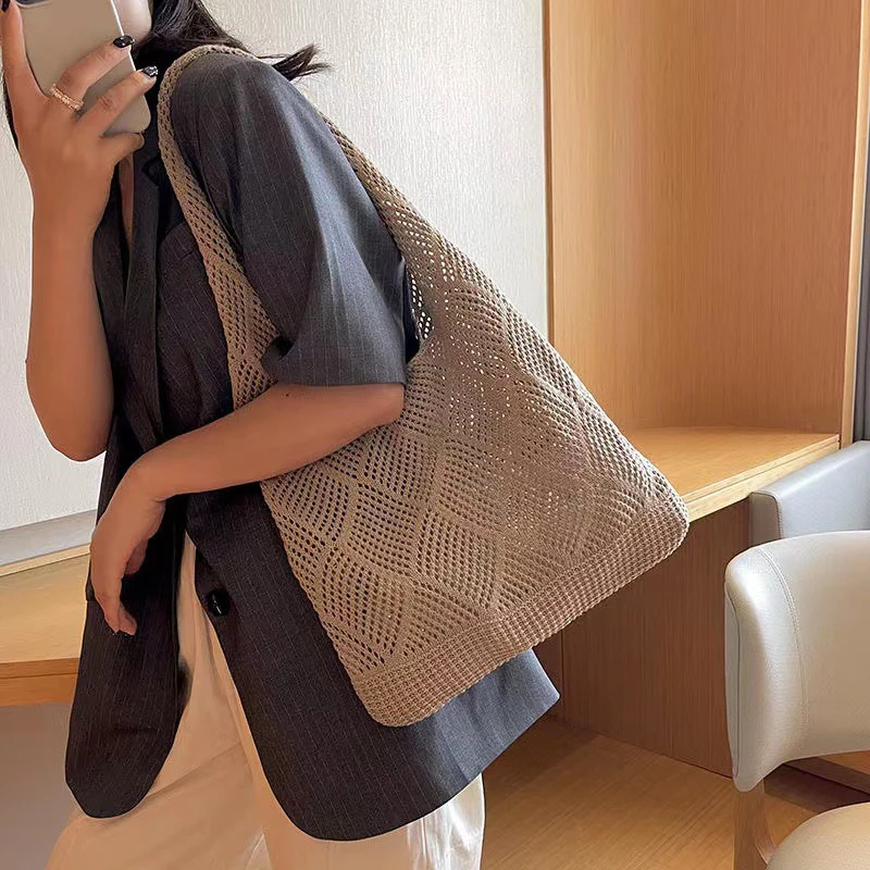 New Trend Women's Bag Crochet Handbag Retro Knitted Solid Color Hollow Top-handle Tote Bag Travel Shopper Shoulder Bag
