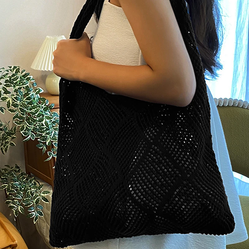 New Trend Women's Bag Crochet Handbag Retro Knitted Solid Color Hollow Top-handle Tote Bag Travel Shopper Shoulder Bag