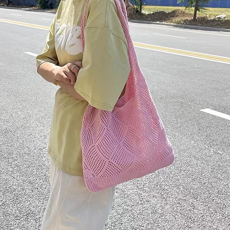 New Trend Women's Bag Crochet Handbag Retro Knitted Solid Color Hollow Top-handle Tote Bag Travel Shopper Shoulder Bag