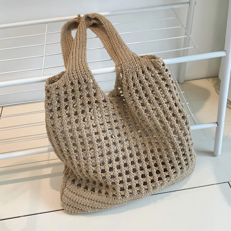 New Trend Women's Bag Crochet Handbag Retro Knitted Solid Color Hollow Top-handle Tote Bag Travel Shopper Shoulder Bag