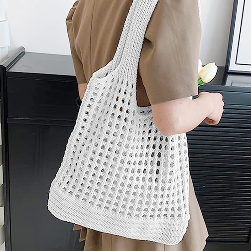 New Trend Women's Bag Crochet Handbag Retro Knitted Solid Color Hollow Top-handle Tote Bag Travel Shopper Shoulder Bag