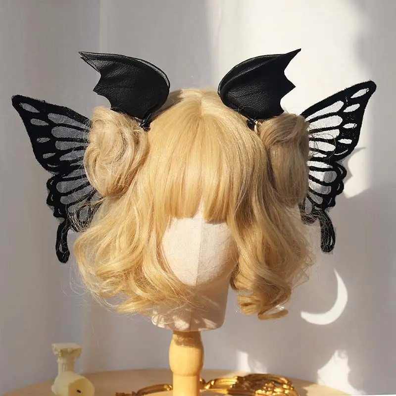 Cosplay Gothic Lolita Angel Wings Hairpin Demon Headdress Harajuku Horns Embroidery Feather Hair Clip Anime Accessories