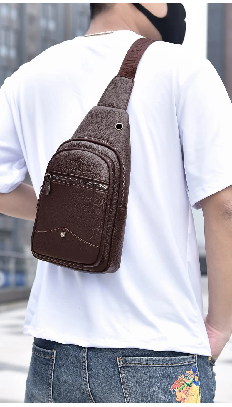 New Kangaroo Luxury Brand Chest Pack Men Crossbody Bag Black Brown Leather Chest Bag Casual Travel Sling Bag Messenger Bag Male