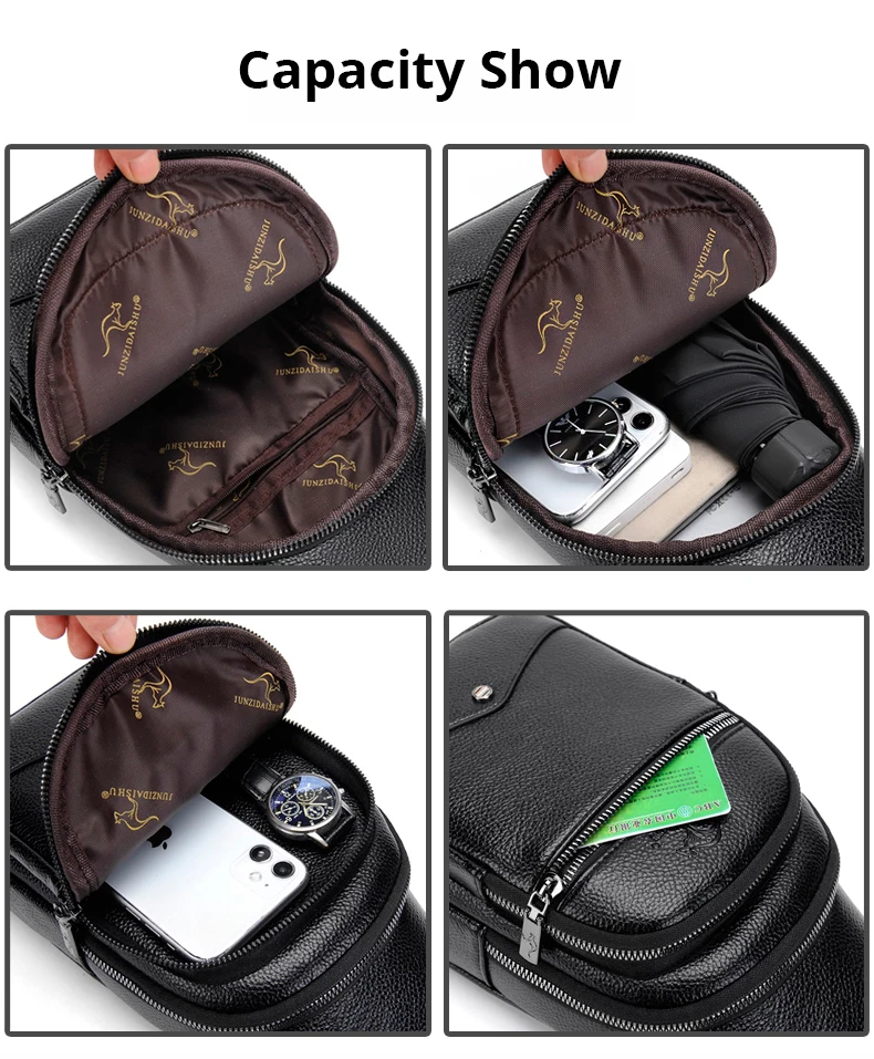 New Kangaroo Luxury Brand Chest Pack Men Crossbody Bag Black Brown Leather Chest Bag Casual Travel Sling Bag Messenger Bag Male