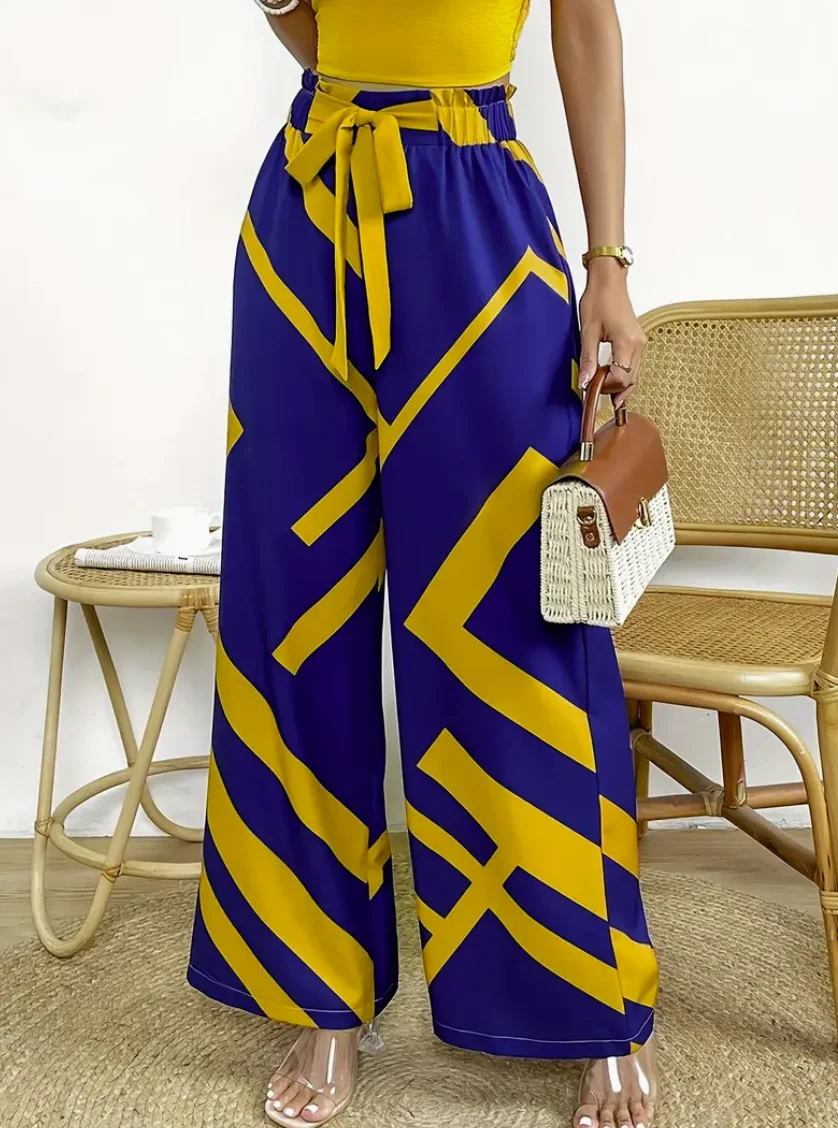 Geometric Pattern Print Wide Leg Pants Casual Loose Bow Front High Waist Pants For Every Day, Women's Clothing