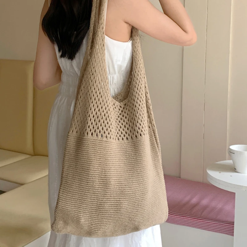New Trend Women's Bag Crochet Handbag Retro Knitted Braid Solid Color Hollow Black Khaki Top-handle Tote Bag Shopper